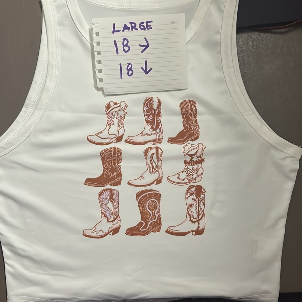 White Crop Tank Top with Brown Cowboy Boot Print on the Front. NWT Size Large. - Picture 4 of 7
